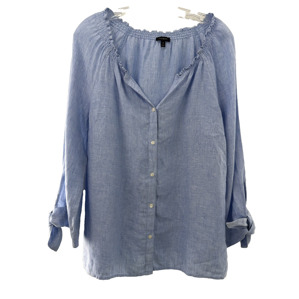 Talbots Women's Linen Light Blue V-Neck Smocked Neck Blouse Size Medium